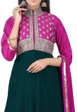 Hand Embroidered Cotton Silk Abaya Style Suit in Dark Green and Fuchsia