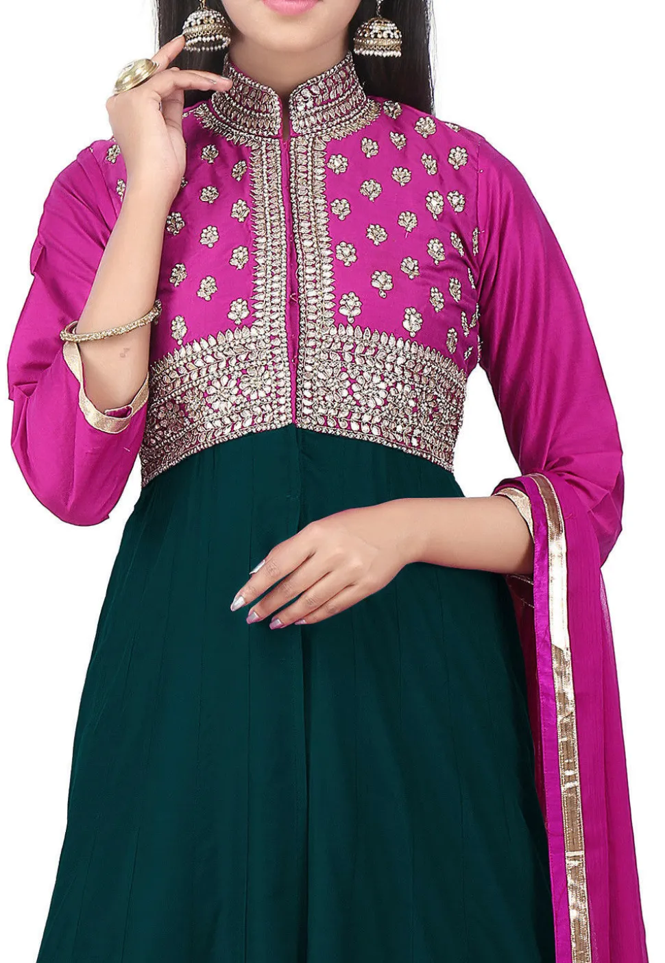 Hand Embroidered Cotton Silk Abaya Style Suit in Dark Green and Fuchsia
