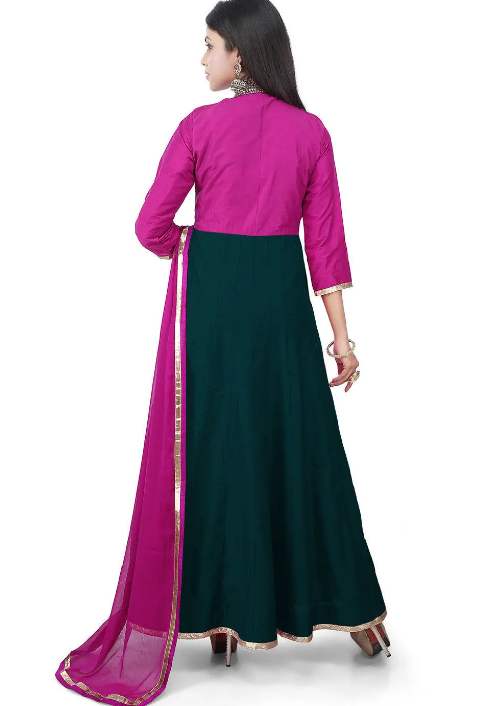 Hand Embroidered Cotton Silk Abaya Style Suit in Dark Green and Fuchsia