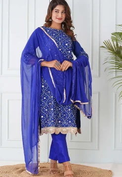Hand Embroidered Cotton Silk Pakistani Suit in Royal Blue