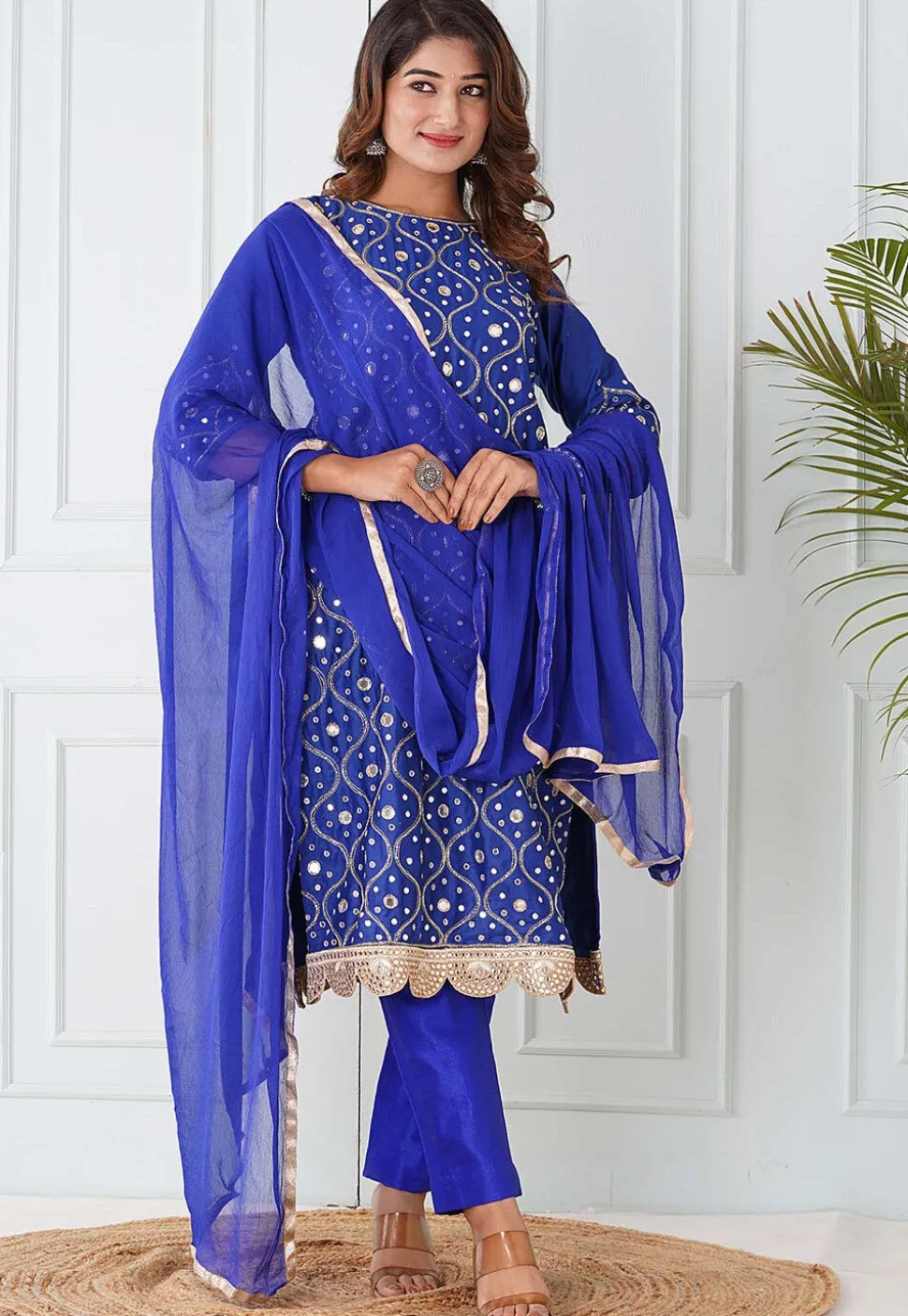 Hand Embroidered Cotton Silk Pakistani Suit in Royal Blue