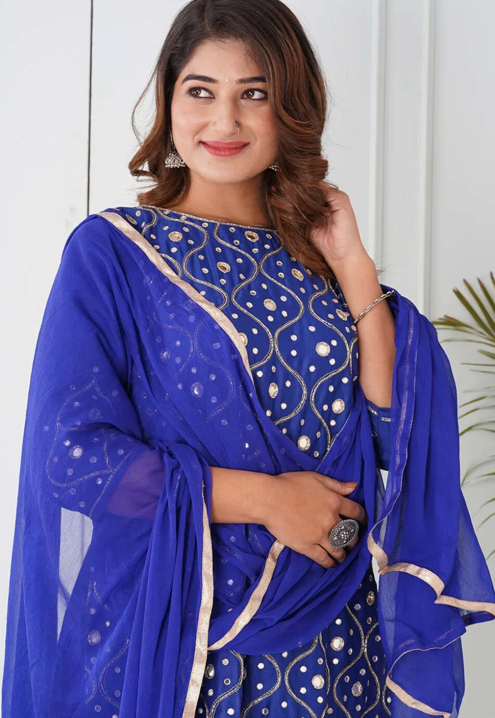 Hand Embroidered Cotton Silk Pakistani Suit in Royal Blue