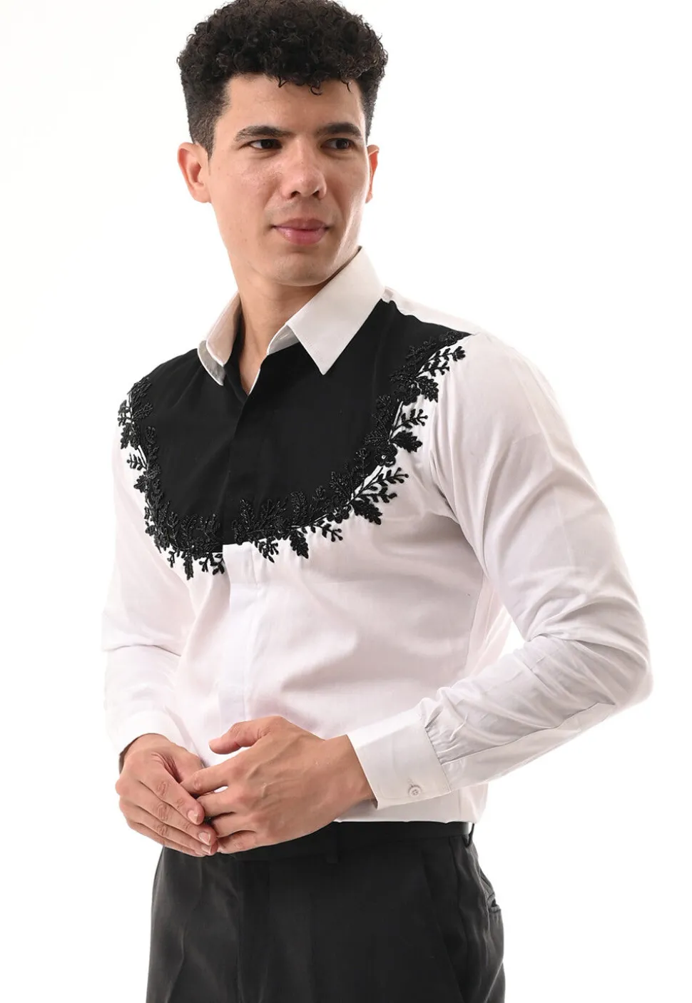 Hand Embroidered Cotton Silk Shirt in White and Black