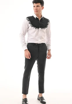 Hand Embroidered Cotton Silk Shirt in White and Black