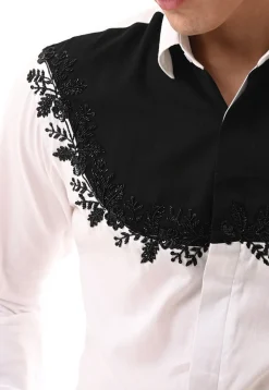 Hand Embroidered Cotton Silk Shirt in White and Black