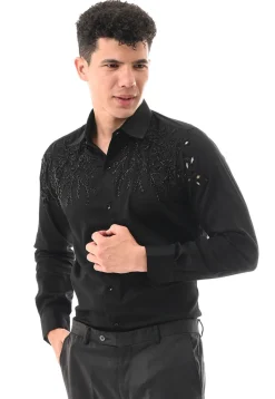 Hand Embroidered Cotton Silk Shirt in Black