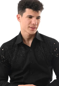 Hand Embroidered Cotton Silk Shirt in Black