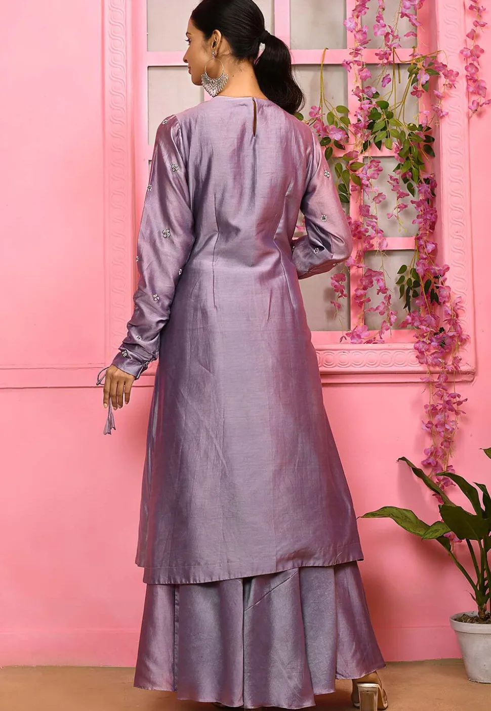 Hand Embroidered Cotton Silk Layered Kurta Set in Light Purple