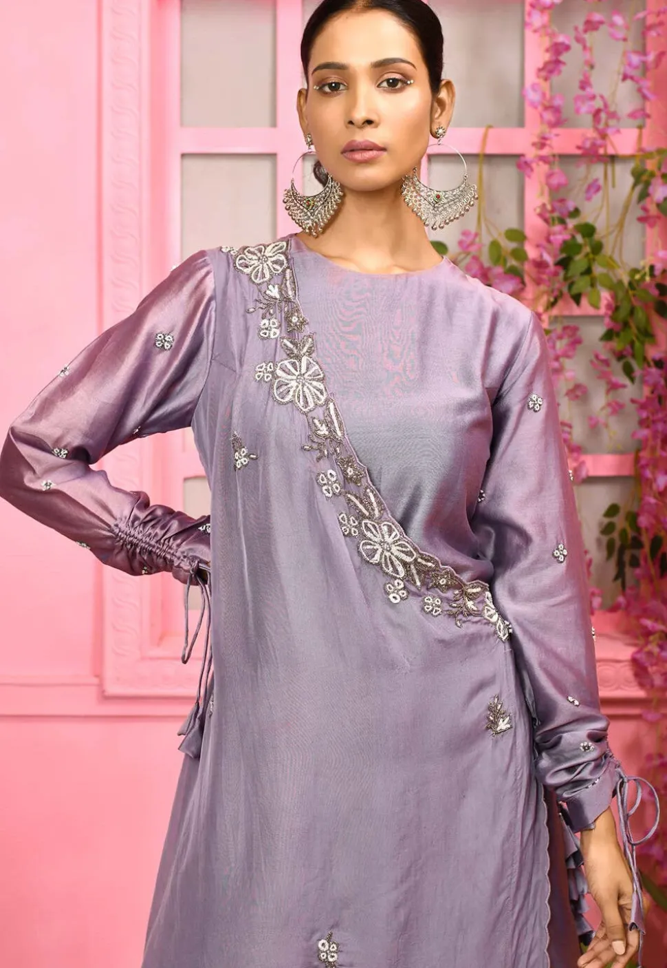 Hand Embroidered Cotton Silk Layered Kurta Set in Light Purple