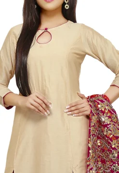Hand Embroidered Cotton Silk Straight Suit in Beige