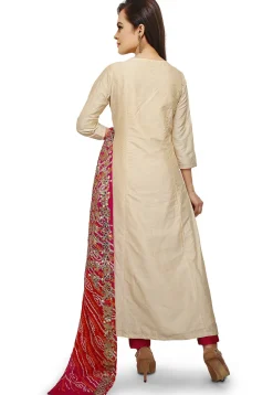 Hand Embroidered Cotton Silk Straight Suit in Beige