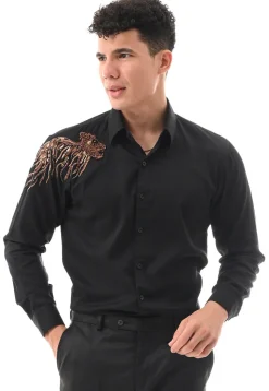 Hand Embroidered Cotton Silk Shirt in Black