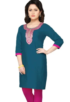 Hand Embroidered Cotton Silk Kurti in Teal Blue
