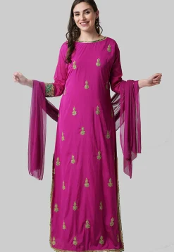 Hand Embroidered Crepe Abaya Style Suit in Magenta