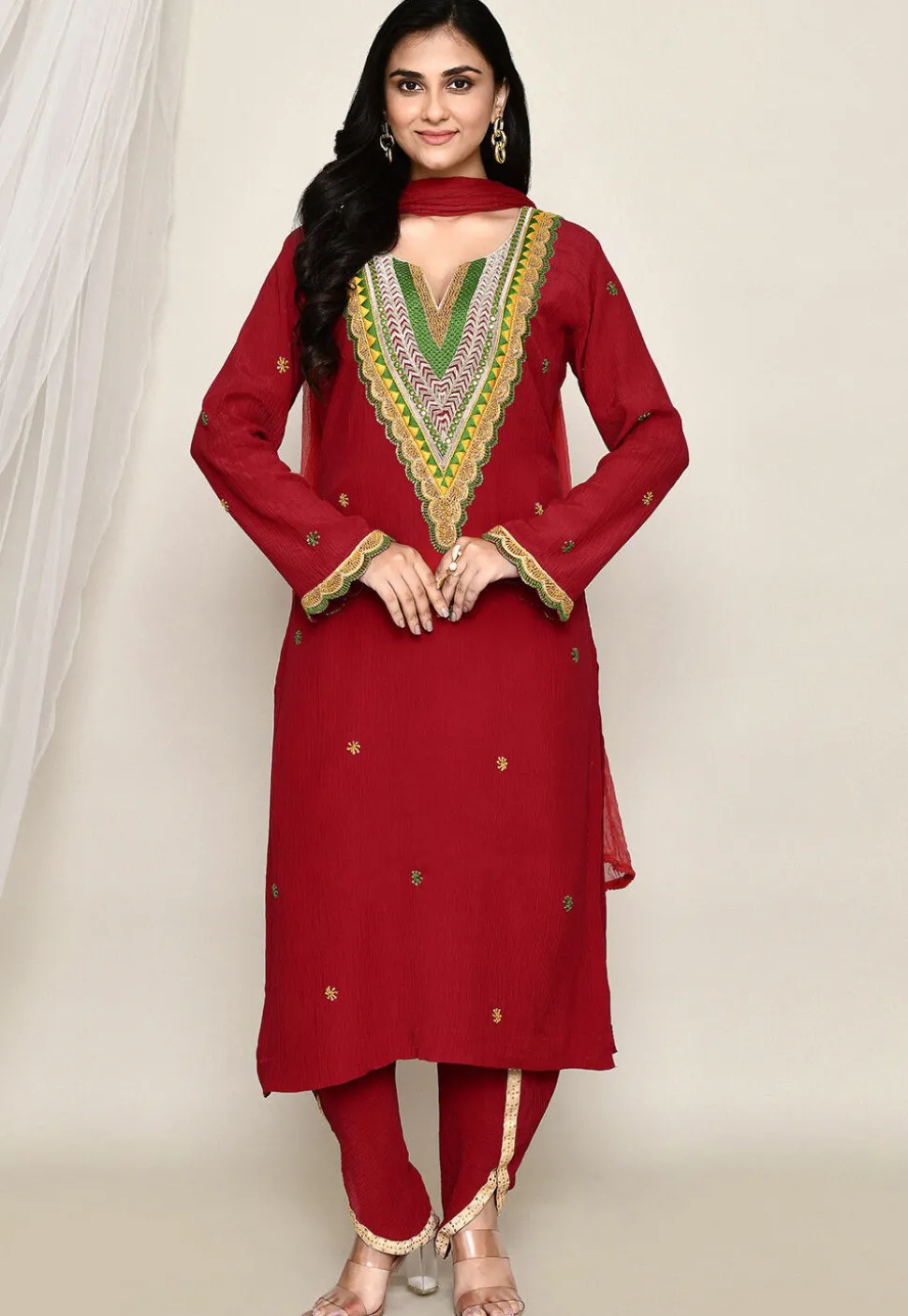 Hand Embroidered Crepe Punjabi Suit in Maroon