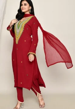 Hand Embroidered Crepe Punjabi Suit in Maroon