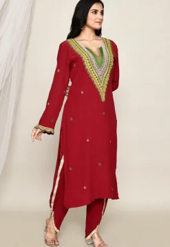 Hand Embroidered Crepe Punjabi Suit in Maroon