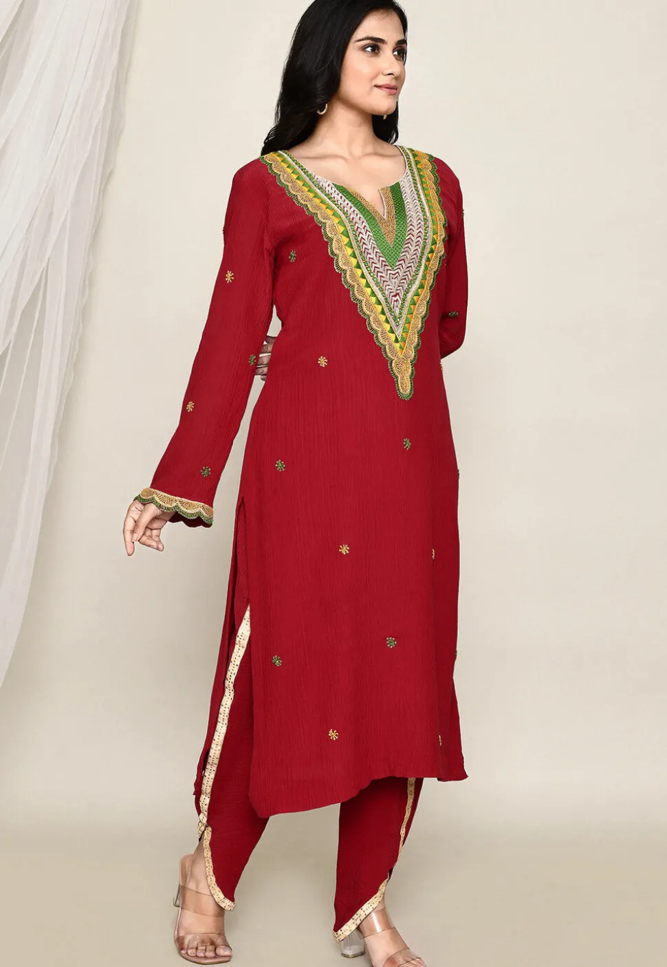 Hand Embroidered Crepe Punjabi Suit in Maroon