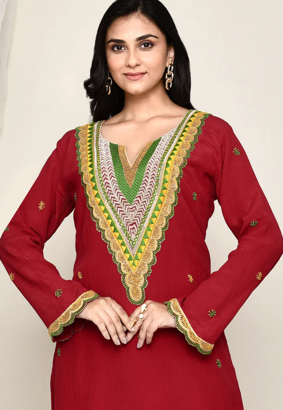 Hand Embroidered Crepe Punjabi Suit in Maroon