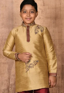 Hand Embroidered Dupion Silk Kurta in Beige