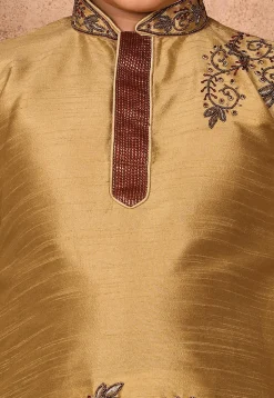 Hand Embroidered Dupion Silk Kurta in Beige