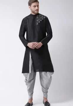 Hand Embroidered Dupion Silk Kurta Set in Black