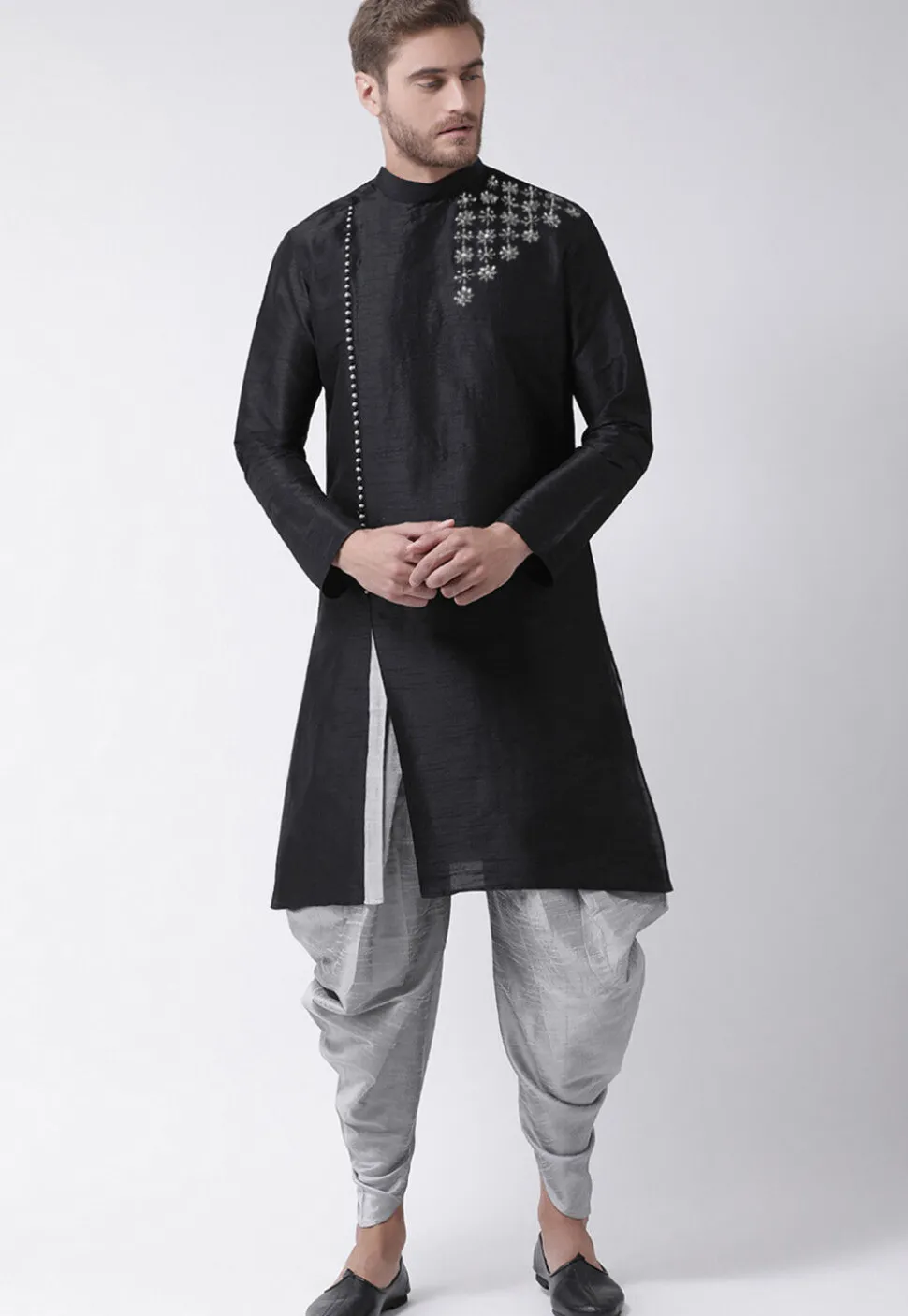 Hand Embroidered Dupion Silk Kurta Set in Black