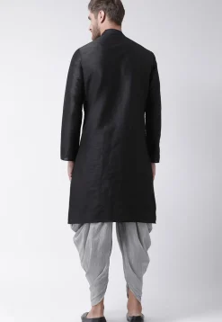 Hand Embroidered Dupion Silk Kurta Set in Black