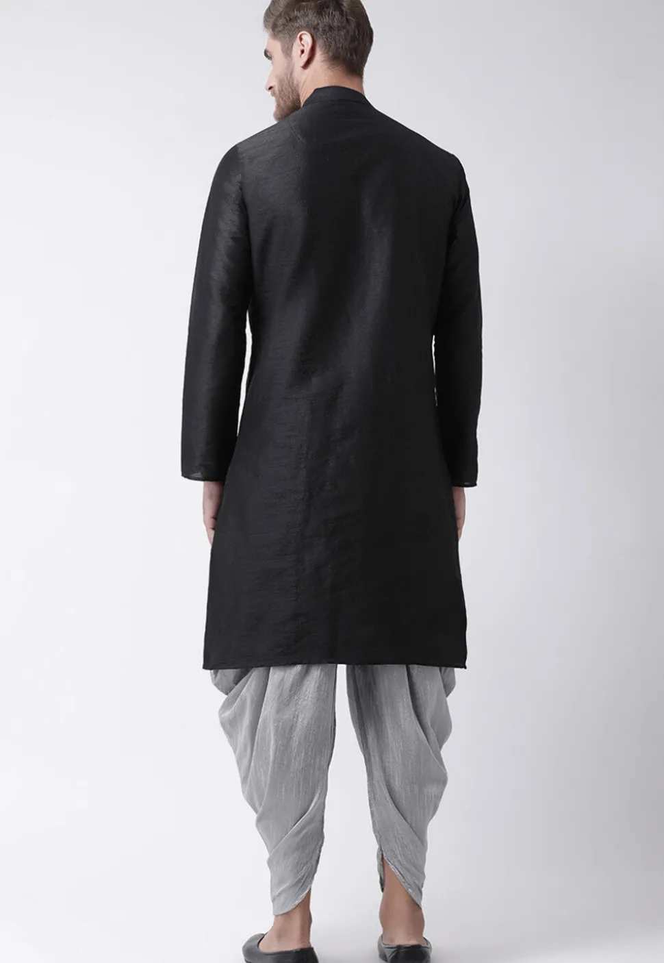 Hand Embroidered Dupion Silk Kurta Set in Black
