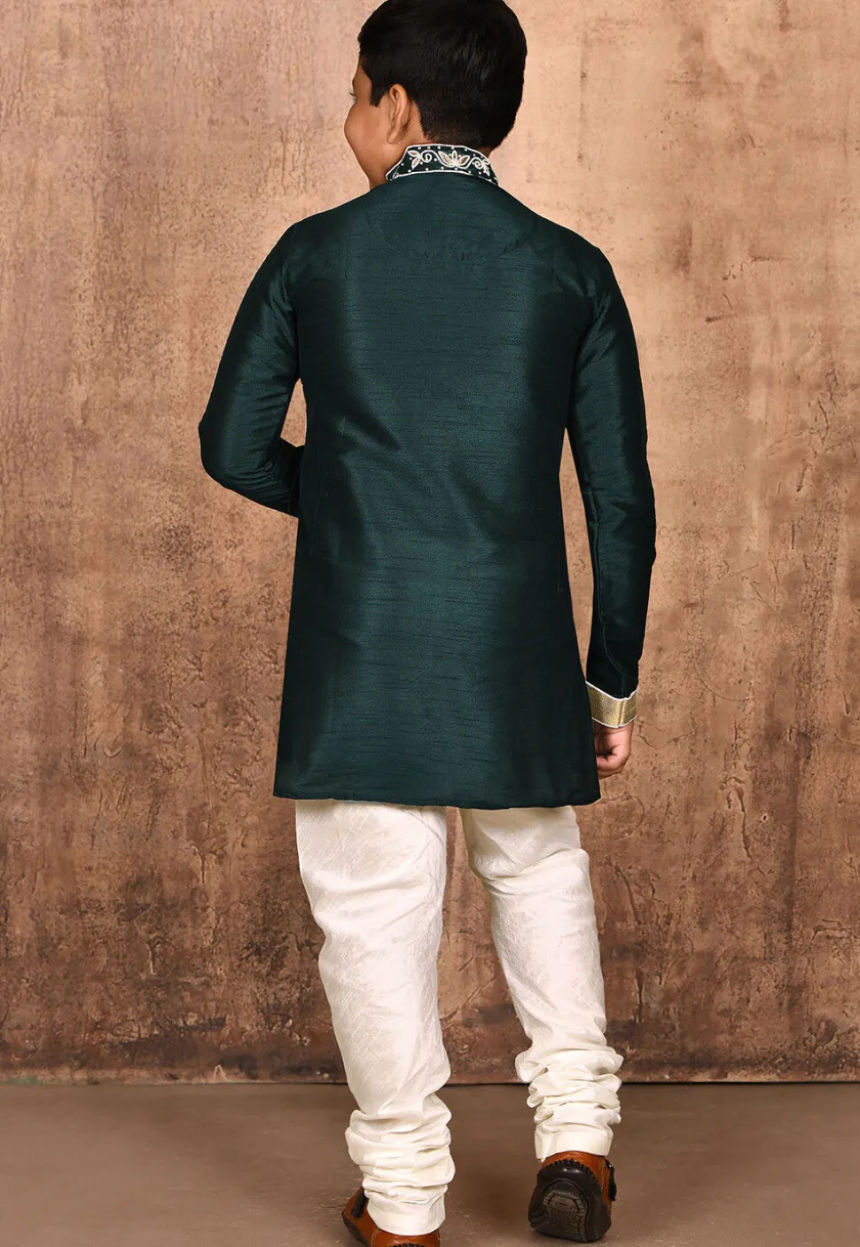 Hand Embroidered Dupion Silk Kurta Set in Dark Green
