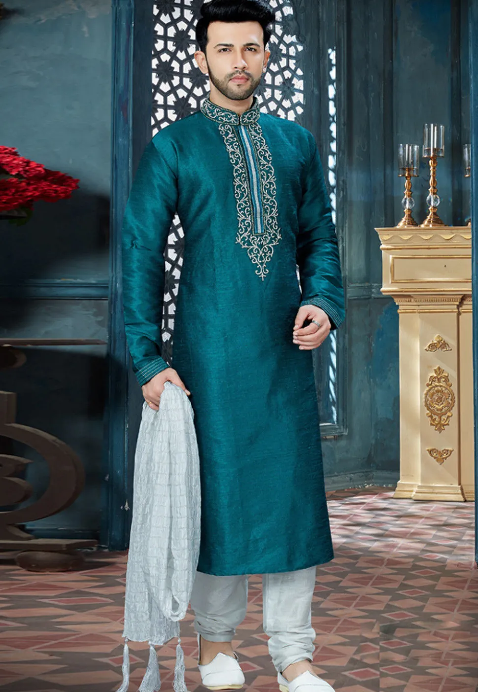 Hand Embroidered Dupion Silk Kurta Set in Teal Blue