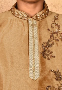 Hand Embroidered Dupion Silk Kurta Set in Beige