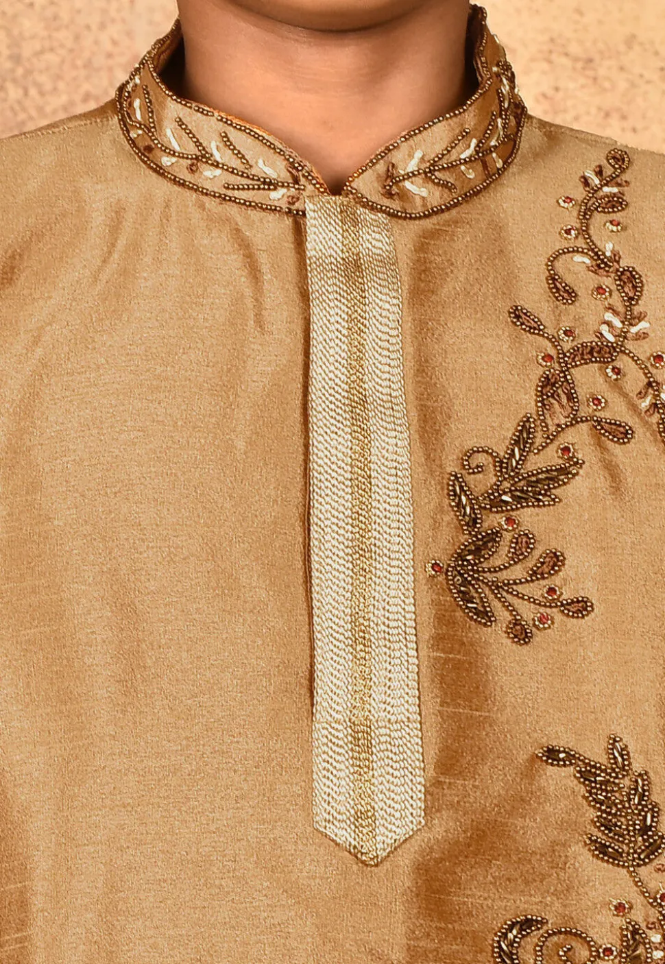 Hand Embroidered Dupion Silk Kurta Set in Beige