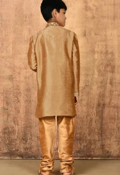 Hand Embroidered Dupion Silk Kurta Set in Beige