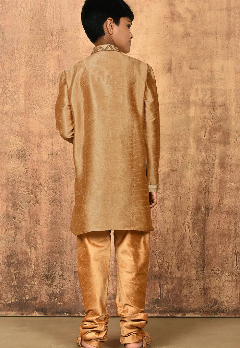 Hand Embroidered Dupion Silk Kurta Set in Beige