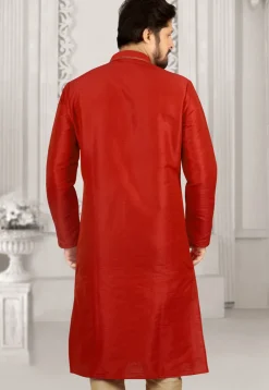 Hand Embroidered Dupion Silk Kurta Set in Rust