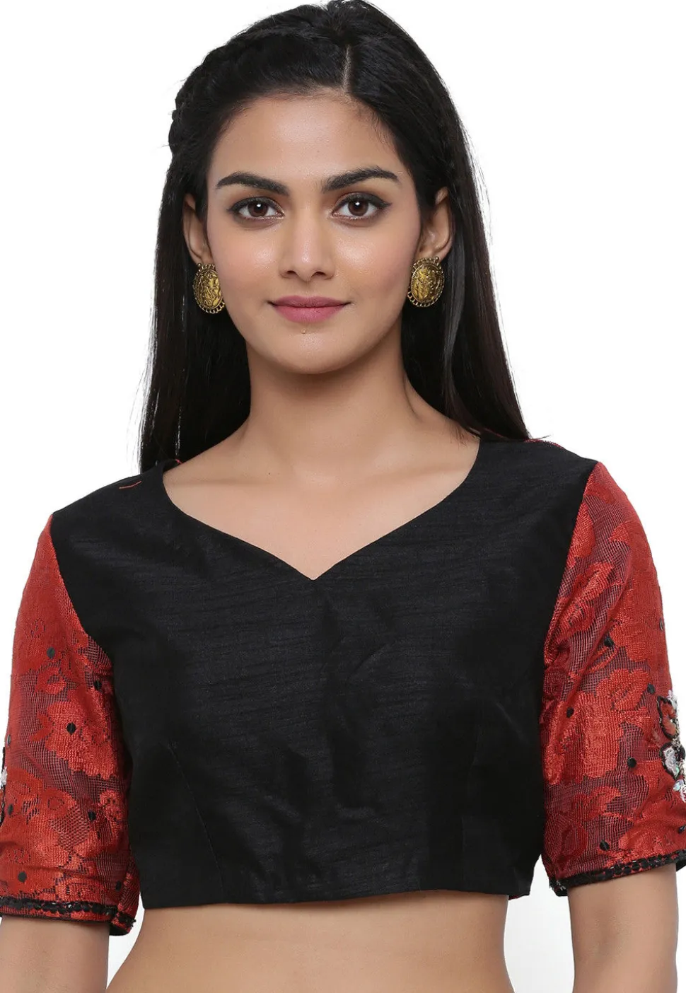 Hand Embroidered Dupion Silk Blouse in Black and Maroon