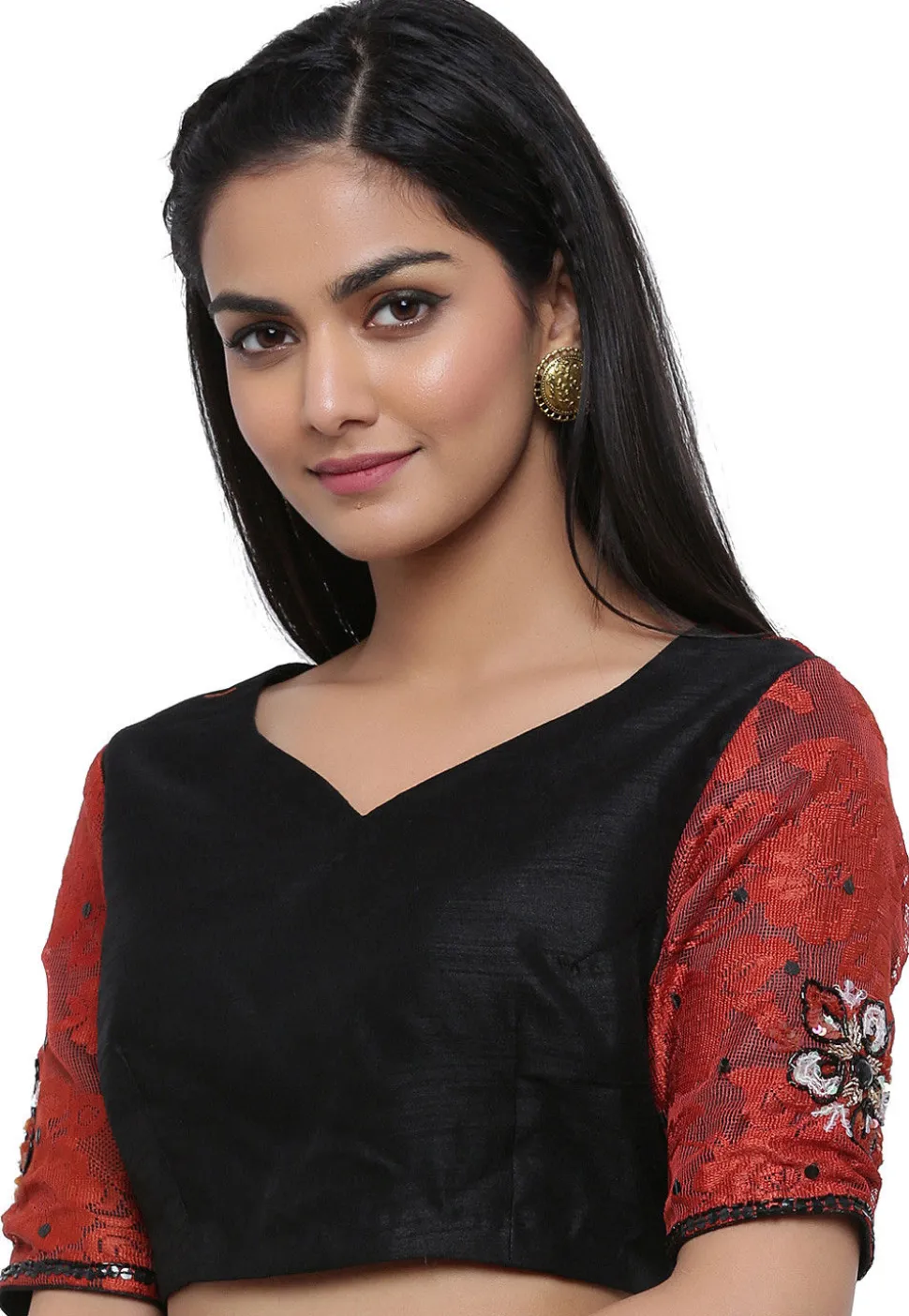 Hand Embroidered Dupion Silk Blouse in Black and Maroon