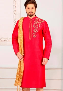 Hand Embroidered Dupion Silk Kurta in Fuchsia