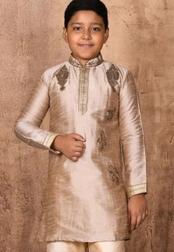 Hand Embroidered Dupion Silk Kurta in Beige