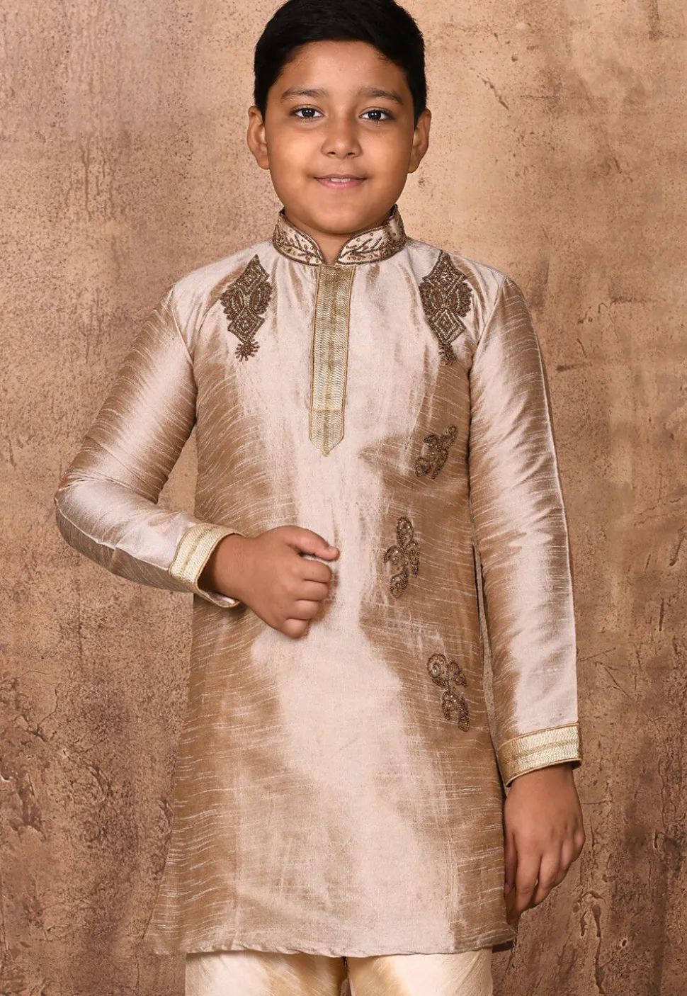 Hand Embroidered Dupion Silk Kurta in Beige