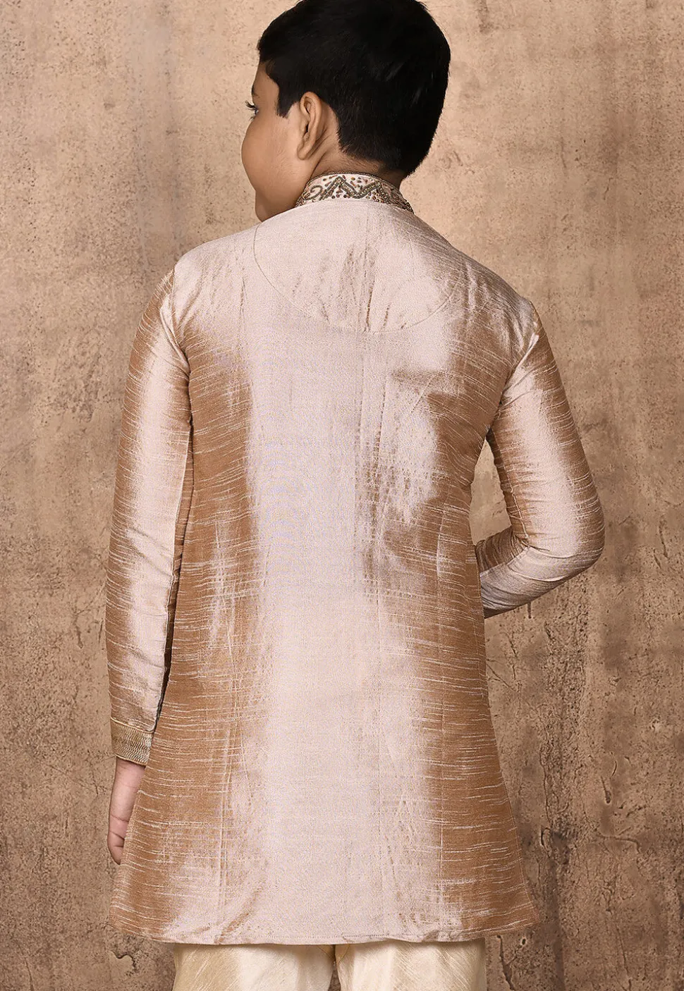 Hand Embroidered Dupion Silk Kurta in Beige