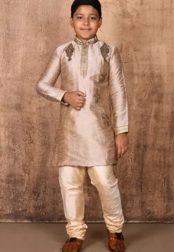 Hand Embroidered Dupion Silk Kurta in Beige