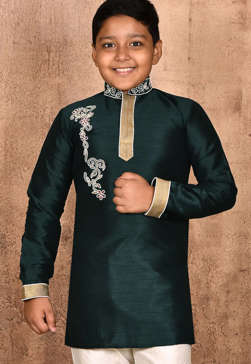 Hand Embroidered Dupion Silk Kurta in Dark Green