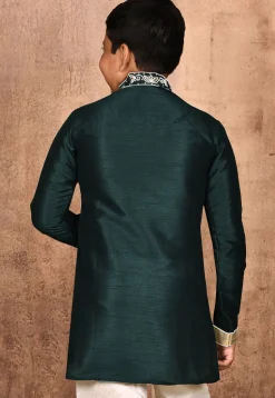 Hand Embroidered Dupion Silk Kurta in Dark Green
