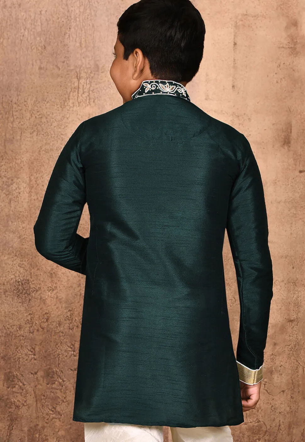 Hand Embroidered Dupion Silk Kurta in Dark Green