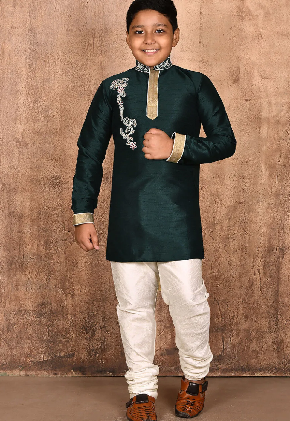Hand Embroidered Dupion Silk Kurta in Dark Green