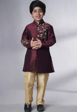 Hand Embroidered Dupion Silk Sherwani Set in Wine