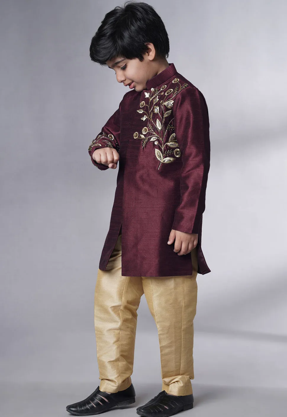 Hand Embroidered Dupion Silk Sherwani Set in Wine