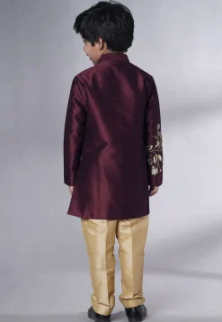 Hand Embroidered Dupion Silk Sherwani Set in Wine